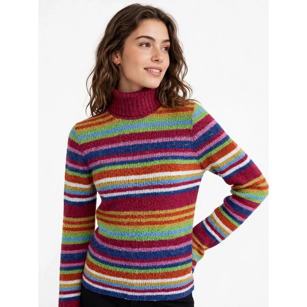 Kookai Women's S Rainbow Stripe Knit Turtleneck Sweater Made Italy